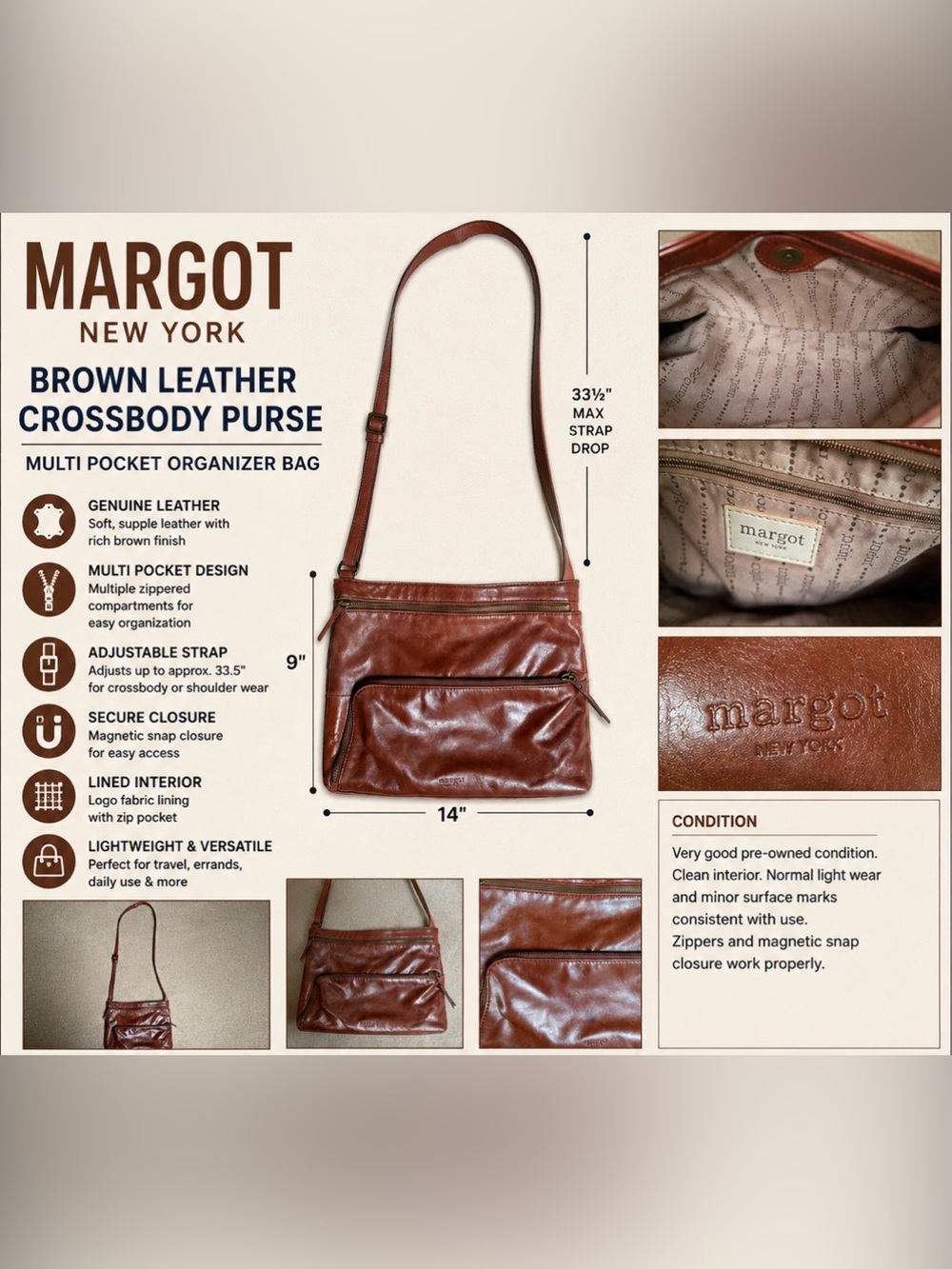 Margot New York Brown Leather Crossbody Purse Multi Pocket Organizer Bag